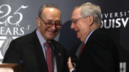 LOUISVILLE, KY - FEBRUARY 12: U.S. Senate Majority Leader Mitch McConnell (right) (R-KY) and U.S. Senate Democratic Leader Chuck Schumer (D-NY) shake hands after Shumer delivered a speech and answered questions at the University of Louisville's McConnell Center February 12, 2018 in Louisville, Kentucky. Sen. Schumer spoke at the event as part of the Center's Distinguished Speaker Series, and Sen. McConnell introduced him. (Bill Pugliano/Getty Images)