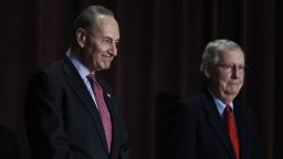 LOUISVILLE, KY - FEBRUARY 12: U.S. Senate Majority Leader Mitch McConnell (right) (R-KY) and U.S. Senate Democratic Leader Chuck Schumer (D-NY) stand on the stage together at the University of Louisville's McConnell Center where Schumer was scheduled to speak February 12, 2018 in Louisville, Kentucky. Sen. Schumer spoke at the event as part of the Center's Distinguished Speaker Series, and Sen. McConnell introduced him. (Bill Pugliano/Getty Images)
