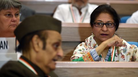 Lawyer and Human Right Activist from Pakistan Asma Jahangir (R) during an international conference in New Delhi on November 17, 2014.