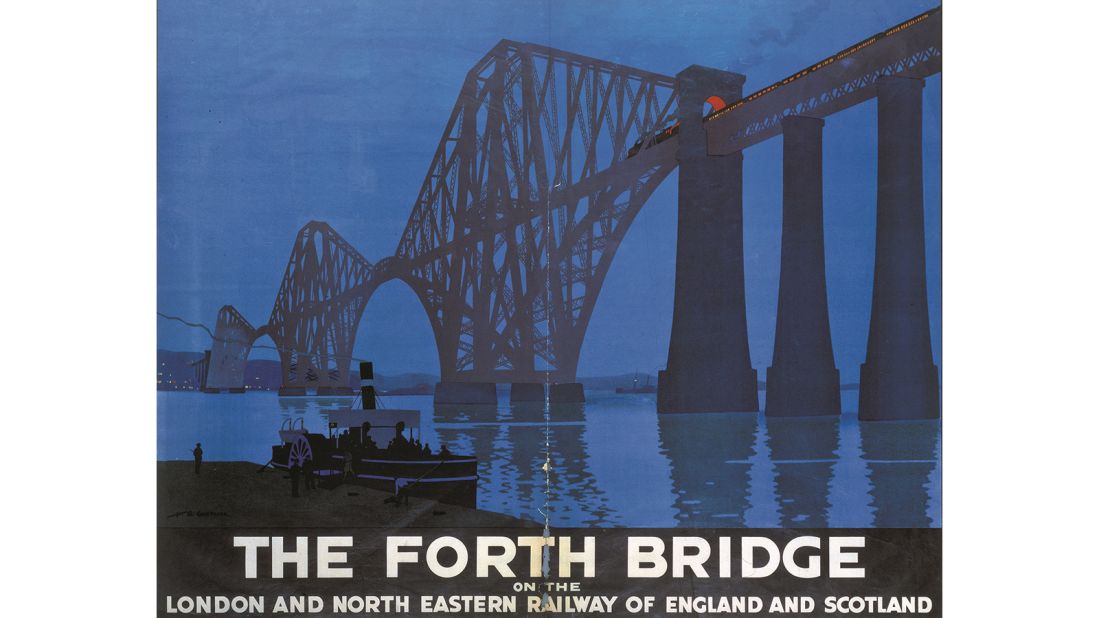 <strong>Forth Bridge</strong>: Meara's favorite image in the book is this 1928 Forth Rail Bridge poster. "If you go on the Highland Sleeper these days and go on the Aberdeen portion, you still cross the Forth Bridge in the early dawn. It's such an amazing structure in itself," says Meara. <em>Pictured here: Forth Rail Bridge Poster, designed by Henry George Gawthorn. The imposing Forth Bridge opened in 1890 to connect the East Coast Route between London and Aberdeen.</em>