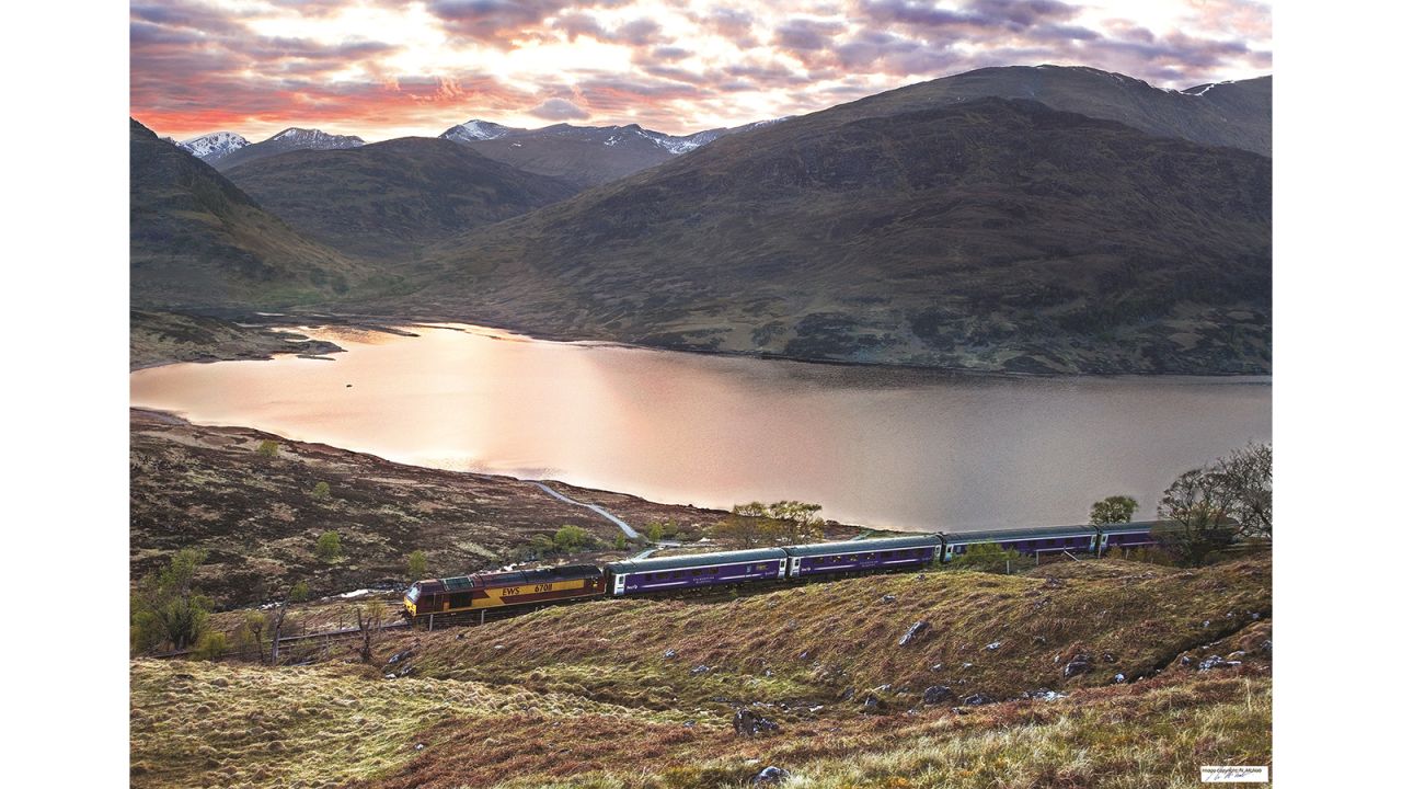 The journeys have stunning scenery en route. Pictured here: The southbound Fort William -- London Euston Sleeper passing the head of Loch Treig, between Tulloch and Corrour.