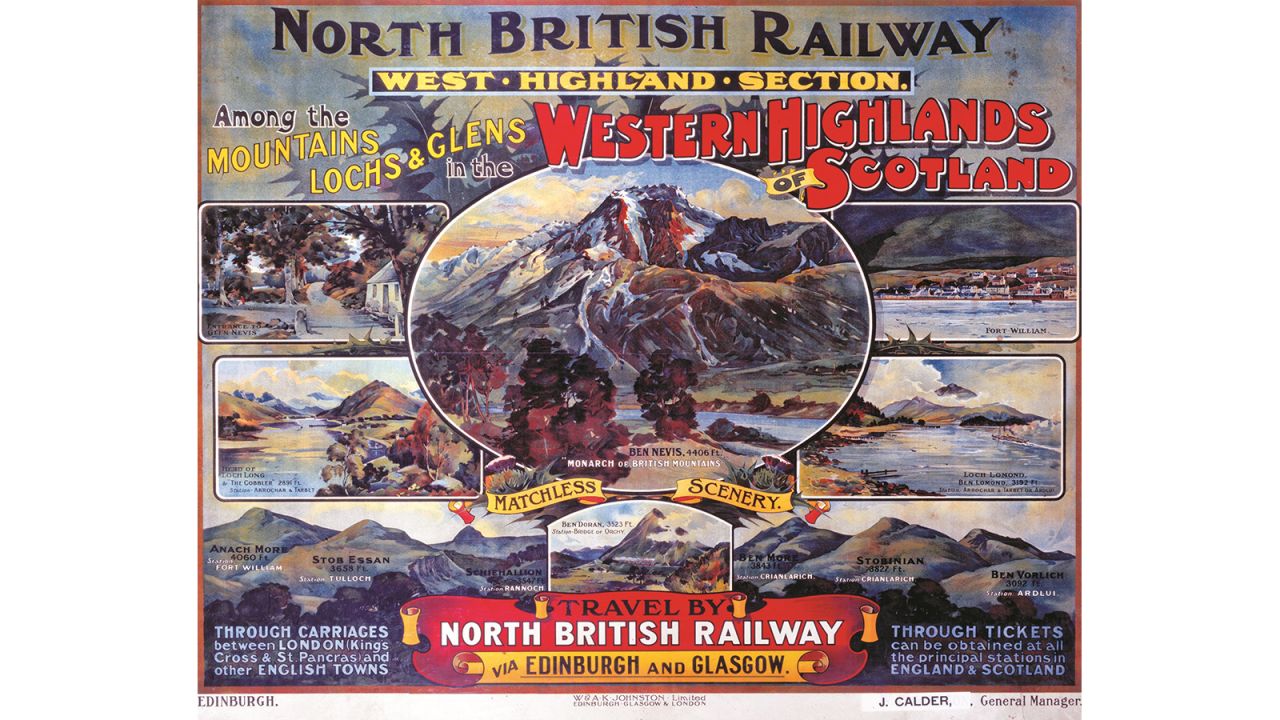 Meara's book includes great posters. Pictured here: A colorful North British Railway poster 1920 -- this poster shows Ben Nevis in the center.