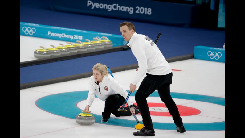 Norway's Kristin Skaslien and Magnus Nedregotten compete for a bronze medal in curling.
