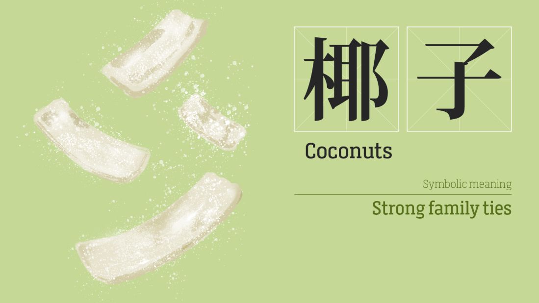 <strong>Coconuts:</strong> The Cantonese word for coconuts sounds like the word for grandfather-son in both Cantonese and Mandarin. It symbolizes strong family bonds and a big family.  