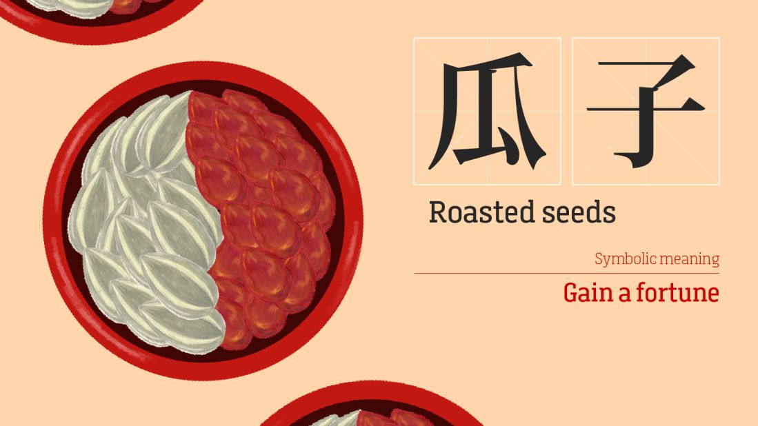 <strong>Roasted seeds: </strong>Want to get rich? Grabbing roasted seeds from a candy box is meant to symbolize the accumulation of fortune. Roasted seeds are usually boiled with various seasonings before being fried till they are dry and crispy. 