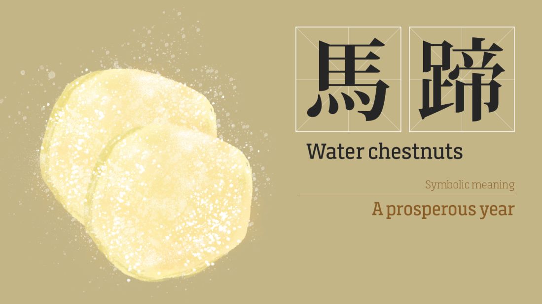 <strong>Water chestnuts:</strong> The Cantonese word for water chestnuts, "ma in ma tai," shares the same pronunciation as the word for horse. In Chinese culture, horses often represent vitality and prosperity.  <br />