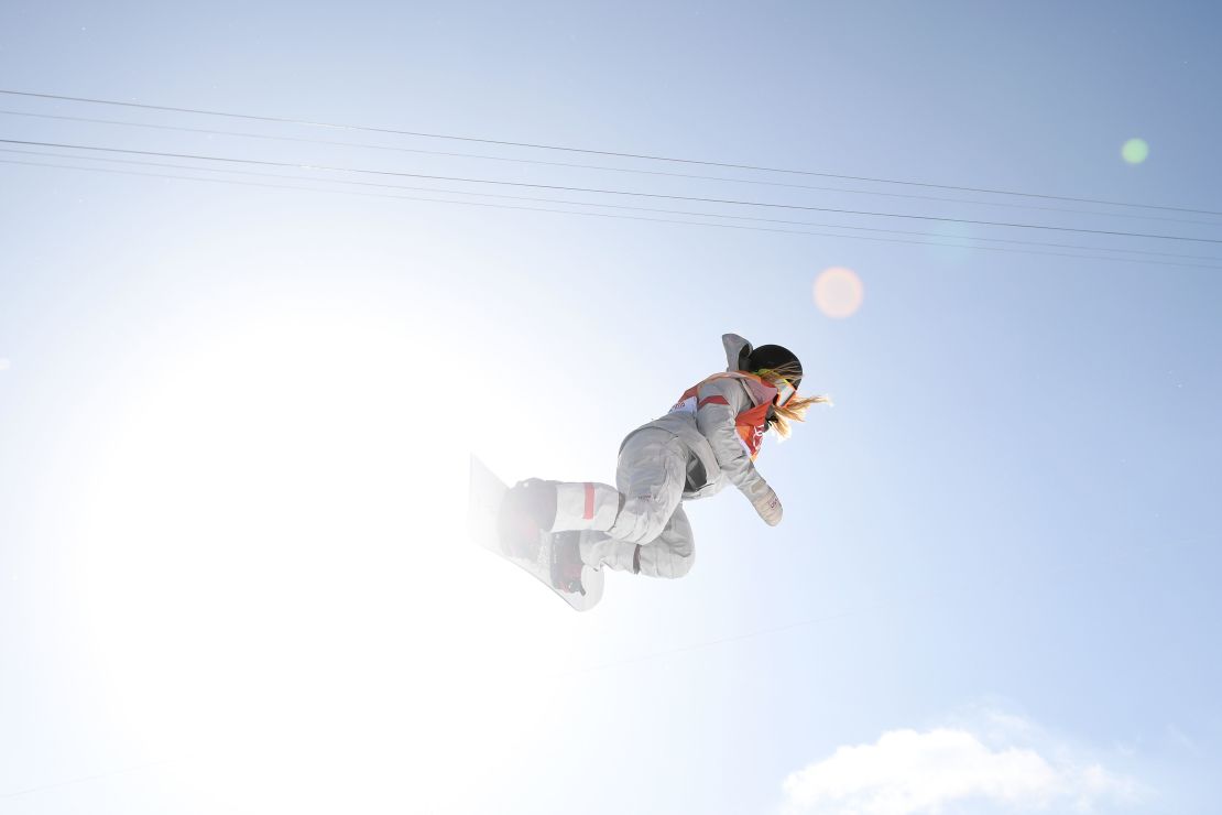 Chloe Kim competes in the women's snowboard halfpipe final.