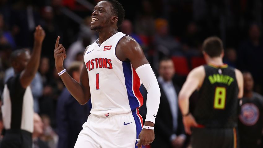 DETROIT, MI - NOVEMBER 10: Reggie Jackson #1 of the Detroit Pistons reacts reacts to a call late in the game next to Luke Babbitt #8 of the Atlanta Hawks at Little Caesars Arena on November 10, 2017 in Detroit, Michigan. Detroit won the game 111-104. NOTE TO USER: User expressly acknowledges and agrees that, by downloading and or using this photograph, User is consenting to the terms and conditions of the Getty Images License Agreement. (Photo by Gregory Shamus/Getty Images)