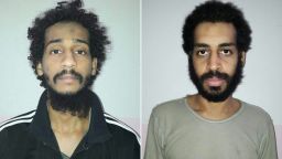 (COMBO) This combination of pictures created on February 11, 2018 from two handout images provided by the Syrian Democratic Forces (SDF) on February 10, 2018 shows captured British Islamic State (IS) group fighters El Shafee el-Sheikh (L) and Alexanda Kotey (R), posing for mugshots in an undisclosed location.
The Syrian Democratic Forces' (SDF) spokesperson Redur Khalil said they had caught Briton Alexanda Amon Kotey in eastern Syria in January as he tried to flee to neighbouring Turkey. Kotey was part of a four-member IS kidnapping cell dubbed "The Beatles" that was notorious for videotaping beheadings. A US defence official announced on February 8 his arrest by the SDF, together with that of fellow Briton El Shafee el-Sheikh. / AFP PHOTO / Syrian Democratic Forces / Handout /  == RESTRICTED TO EDITORIAL USE - MANDATORY CREDIT "AFP PHOTO / HO / SYRIAN DEMOCRATIC FORCES (SDF) - NO MARKETING NO ADVERTISING CAMPAIGNS - DISTRIBUTED AS A SERVICE TO CLIENTS ==
 == RESTRICTED TO EDITORIAL USE - MANDATORY CREDIT "AFP PHOTO / HO / SYRIAN DEMOCRATIC FORCES (SDF) - NO MARKETING NO ADVERTISING CAMPAIGNS - DISTRIBUTED AS A SERVICE TO CLIENTS == / HANDOUT/AFP/Getty Images