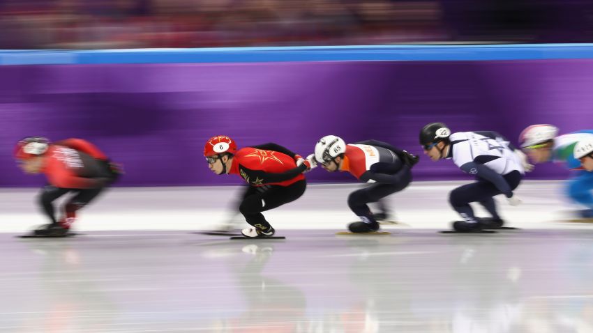 GANGNEUNG, SOUTH KOREA - FEBRUARY 10: Dajing Wu of China, Itzhak De Laat of the Netherlands and Vladislav Bykanov of Israel compete during the Men's 1500m Short Track Speed Skating qualifying on day one of the PyeongChang 2018 Winter Olympic Games at Gangneung Ice Arena on February 10, 2018 in Gangneung, South Korea.  (Photo by Jamie Squire/Getty Images)