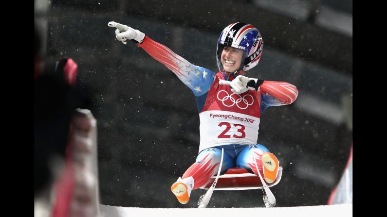 American Emily Sweeney reacts after a luge run.