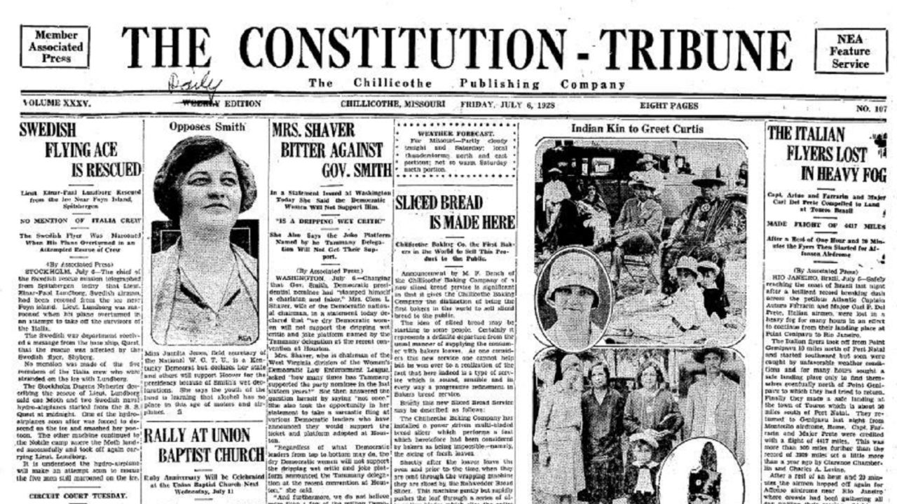 The front page of the paper published on July 6, 1928. It announced that sliced bread will be sold in stores for the first time the following day.
