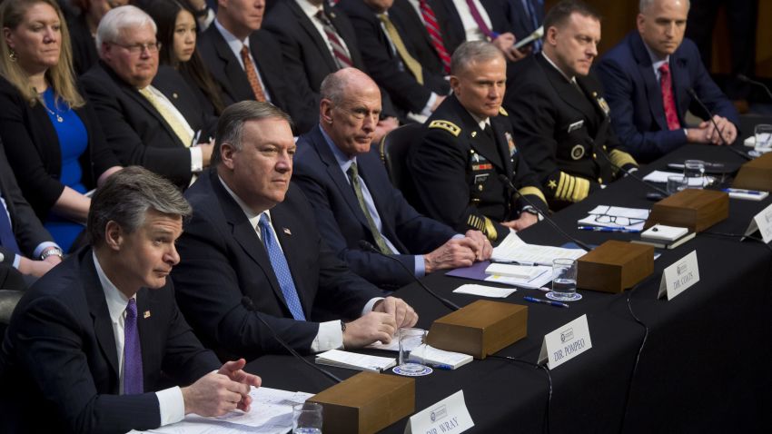 FBI Director Christopher Wray (L), CIA Director Mike Pompeo (2nd L), Director of National Intelligence Dan Coats (3rd L), Defense Intelligence Agency Director Robert Ashley (3rd R), National Security Agency Director Michael Rogers (2nd R) and National Geospatial Intelligence Agency Director Robert Cardillo (R) testify on worldwide threats during a Senate Intelligence Committee hearing on Capitol Hill in Washington, DC, February 13, 2018. (SAUL LOEB/AFP/Getty Images)