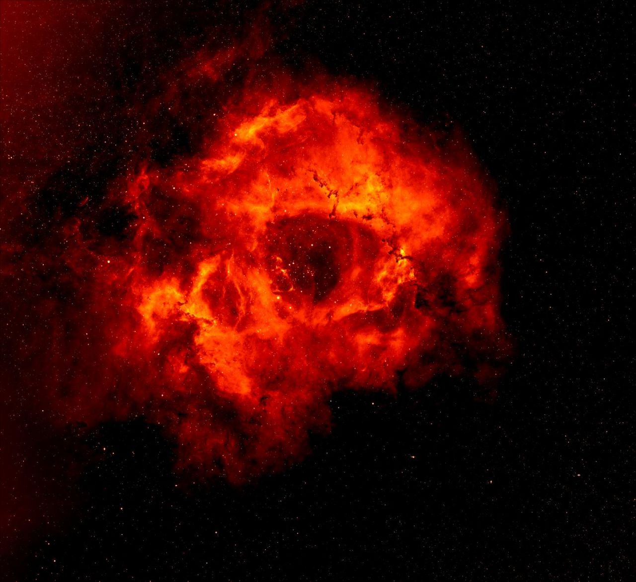 The Rosette Nebula is 5,000 light-years from Earth. The distinctive nebula, which some claim looks more like a skull, has a hole in the middle that creates the illusion of its rose-like shape. 