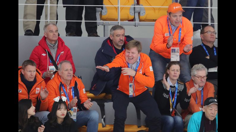 King Willem-Alexander of the Netherlands gestures during the men's 1,500-meter speedskating race. Dutch skater Kjeld Nuis won the gold. The Netherlands have now won four gold medals, all in speedskating.