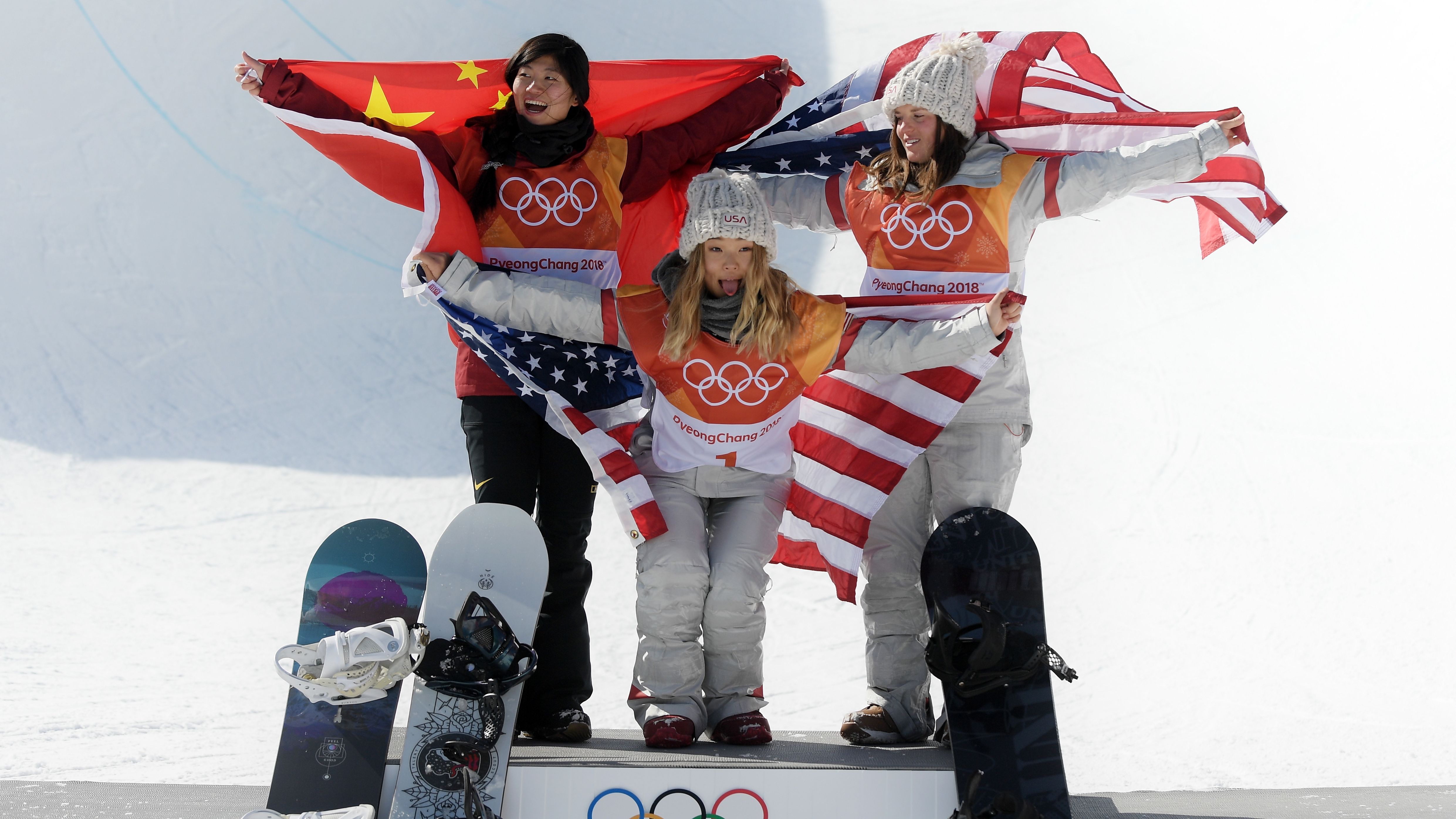 Silver medalist Jiayu Liu of China (left), Chloe Kim of USA (center) and Arielle Gold of USA.