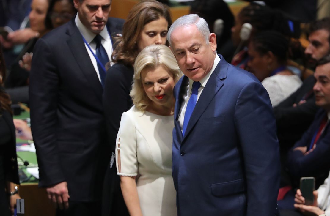 Benjamin Netanyahu arrives with his wife Sara for the United Nations General Assembly meeting in New York in September 2017. 