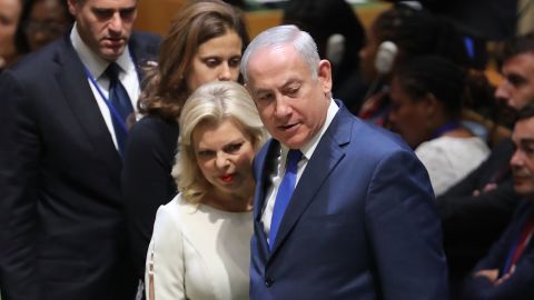 Benjamin Netanyahu arrives with his wife Sara for the United Nations General Assembly meeting in New York in September 2017. 
