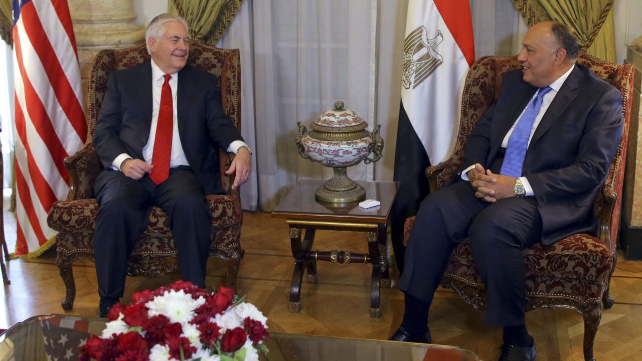 US Secretary of State Rex Tillerson, left, meets Egyptian Foreign Minister Sameh Shoukry, in Cairo, Egypt.