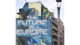 A giant mural on a main avenue in the EU quarter of Brussels, Tuesday, Oct. 3, 2017