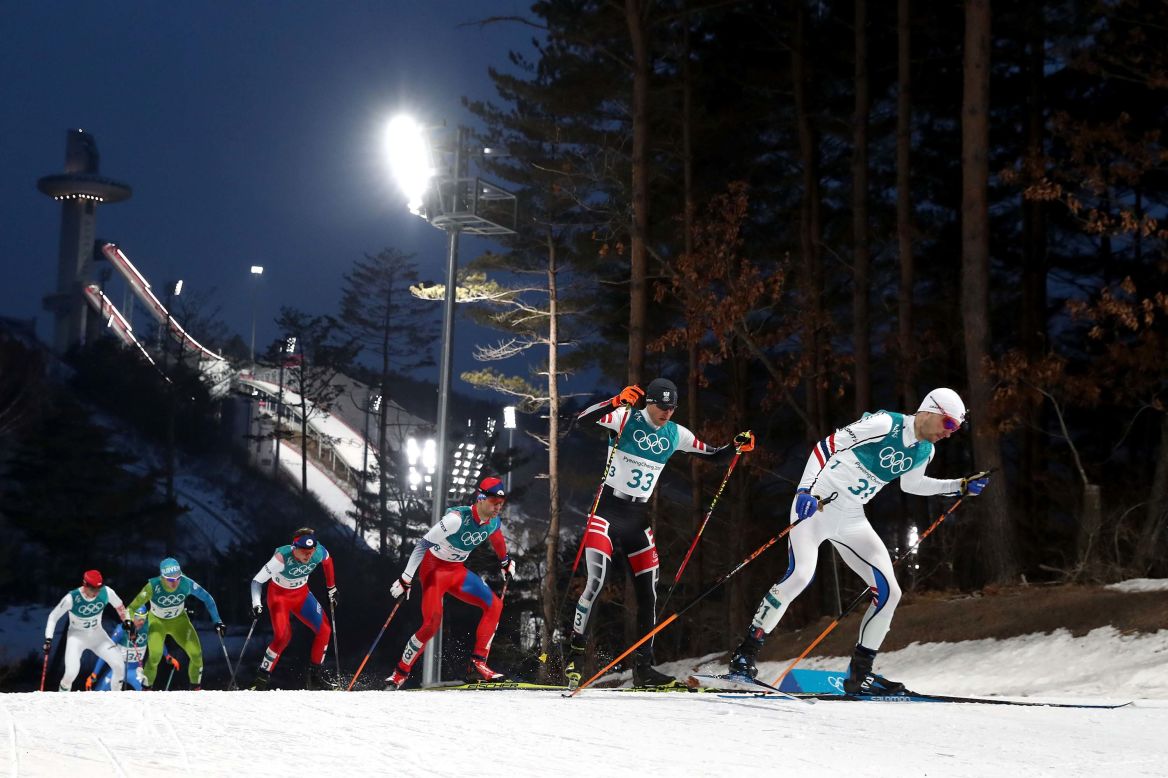Skiers compete in the Nordic combined, which consists of ski jumping and cross-country skiing.