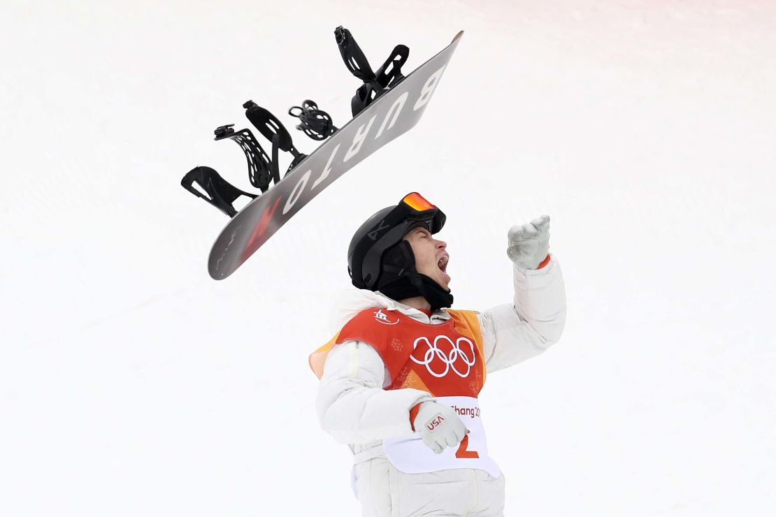 Shaun White celebrates during the Snowboard Men's Halfpipe Final at Phoenix Snow Park on February 14, 2018.
