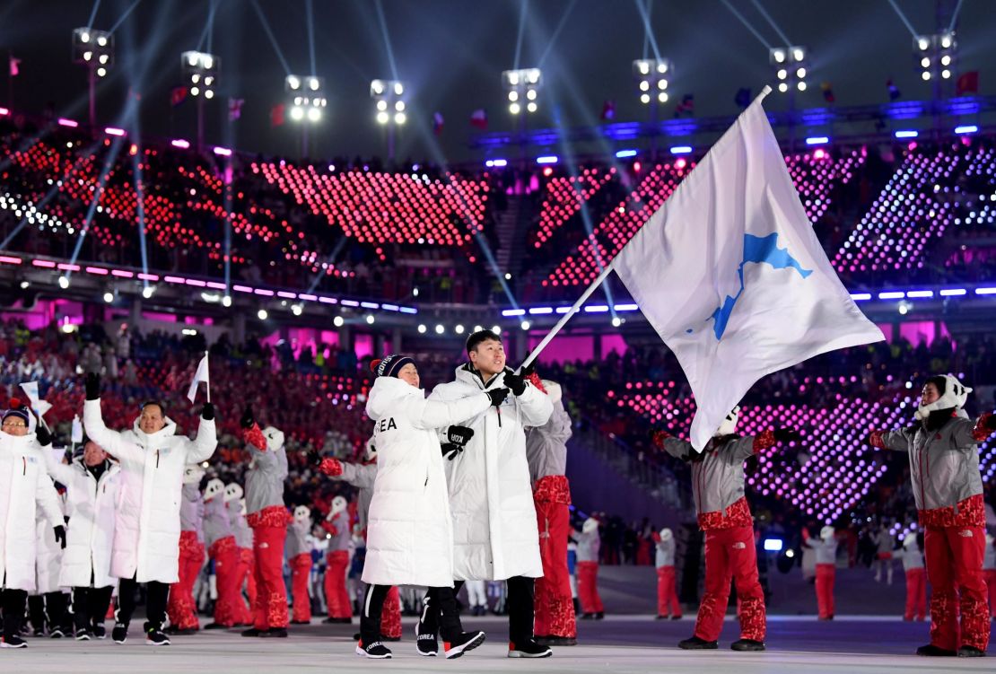 The North Korea and South Korea Olympic teams enter together under the Korean Unification Flag during the Parade of Athletes during the Opening Ceremony of the PyeongChang 2018 Winter Olympic Games 