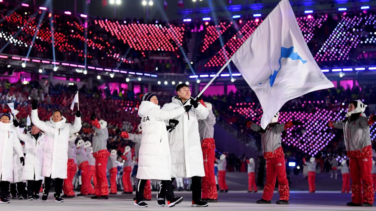 The North Korea and South Korea Olympic teams enter together under the Korean Unification Flag during the Parade of Athletes during the Opening Ceremony of the PyeongChang 2018 Winter Olympic Games 