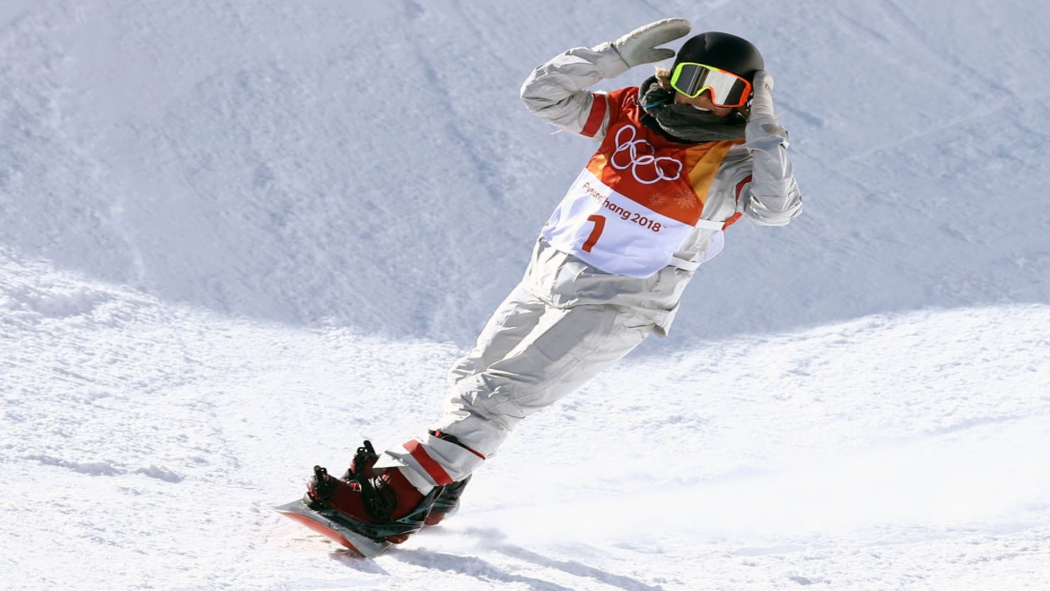Chloe Kim reacts after a halfpipe run on Tuesday. (Cameron Spencer/Getty Images)