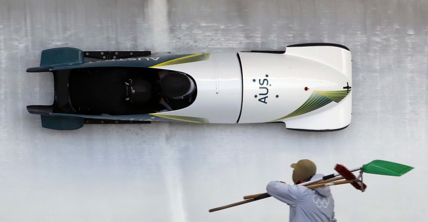 Australian bobsledders Lucas Mata and David Mari take a practice run.