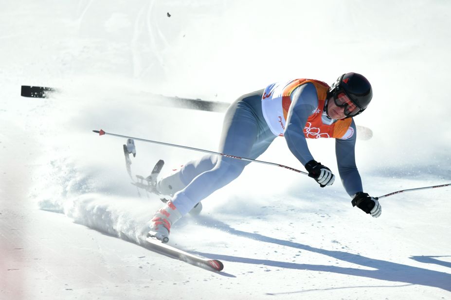Russian Pavel Trikhichev suffers a fall after clipping a gate during the alpine combined downhill. He was the sole Olympic Athlete from Russia to compete in the event. 