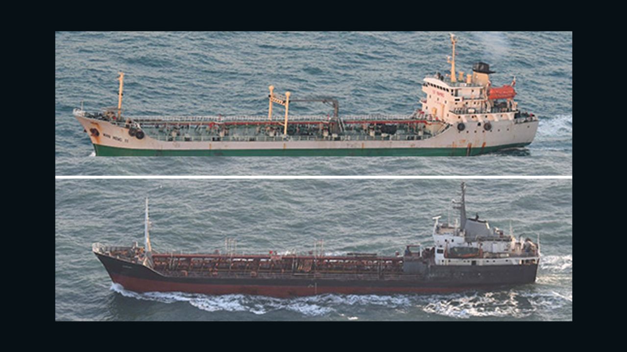 The Rye Song Gang 1 (bottom) and the Wan Heng 11 (top) sailing after sunrise on Tuesday.