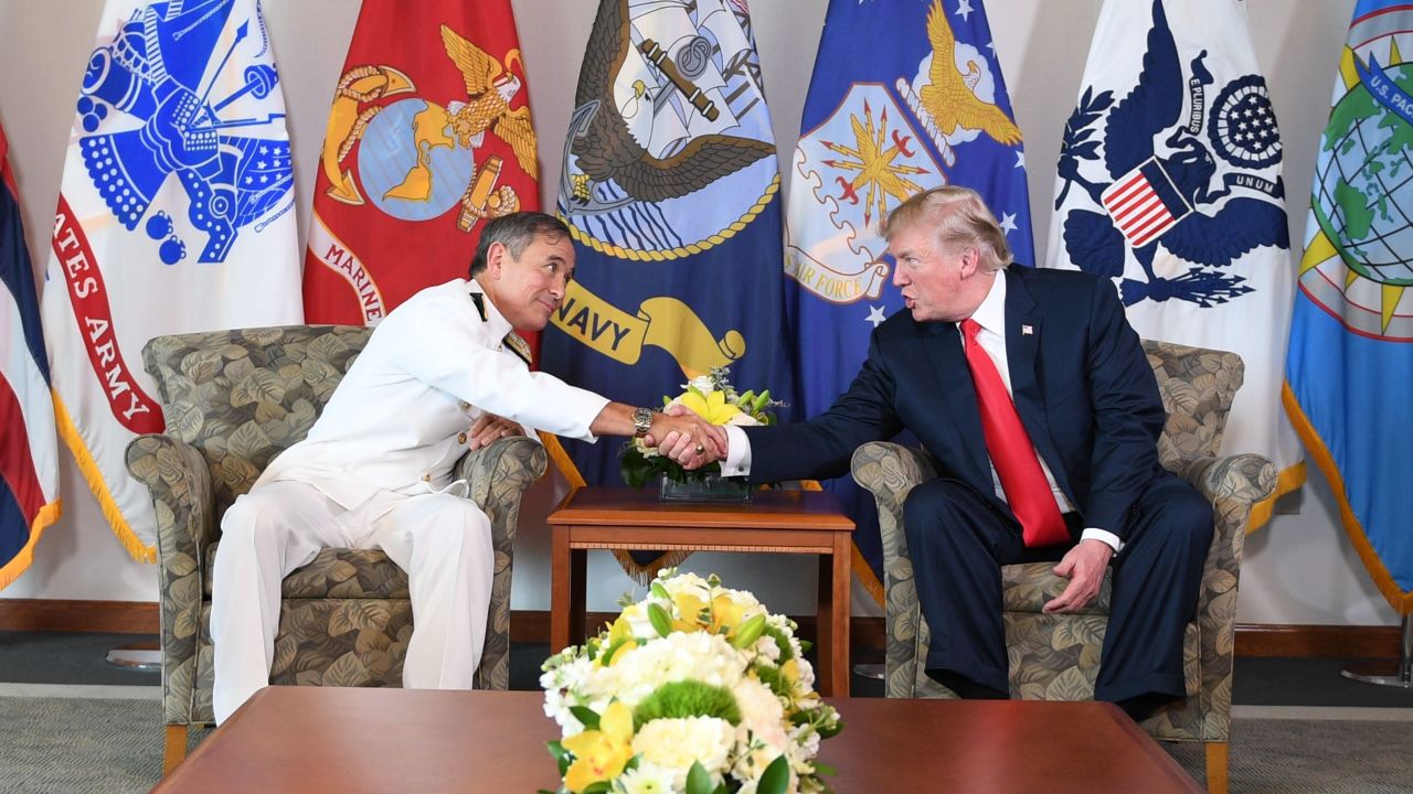 US President Donald Trump meets with Admiral Harry B. Harris, Jr., Commander, US Pacific Command, in Aiea, Hawaii, on November 3, 2017.