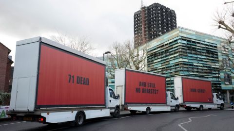 The roaming billboards toured London before parking at the scene of the fire.