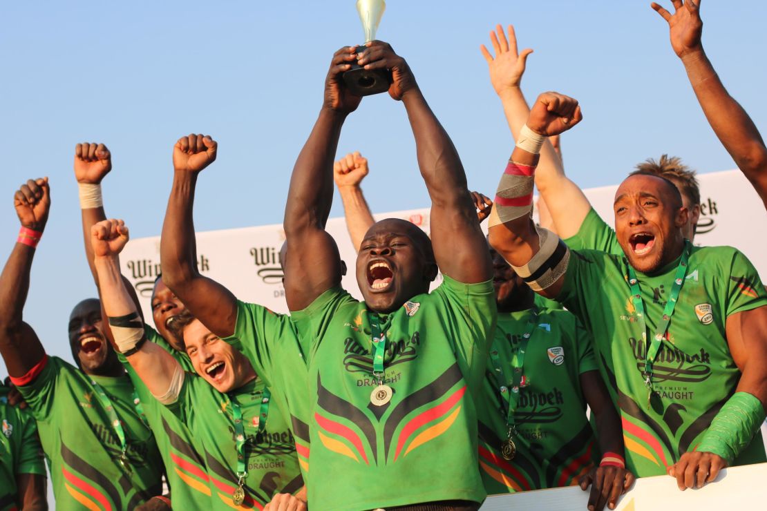 Zambia celebrates winning the Zambia Rugby Sevens International over Zimbabwe