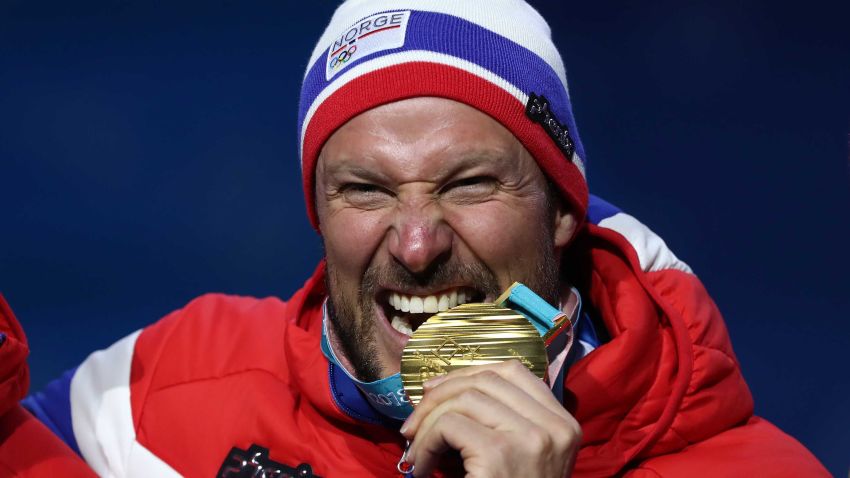 PYEONGCHANG-GUN, SOUTH KOREA - FEBRUARY 15:  Gold medalist Aksel Lund Svindal of Norway celebrates during the medal ceremony for Alpine Skiing - Men's Downhill on day six of the PyeongChang 2018 Winter Olympic Games at Medal Plaza on February 15, 2018 in Pyeongchang-gun, South Korea.  (Photo by Alexander Hassenstein/Getty Images)