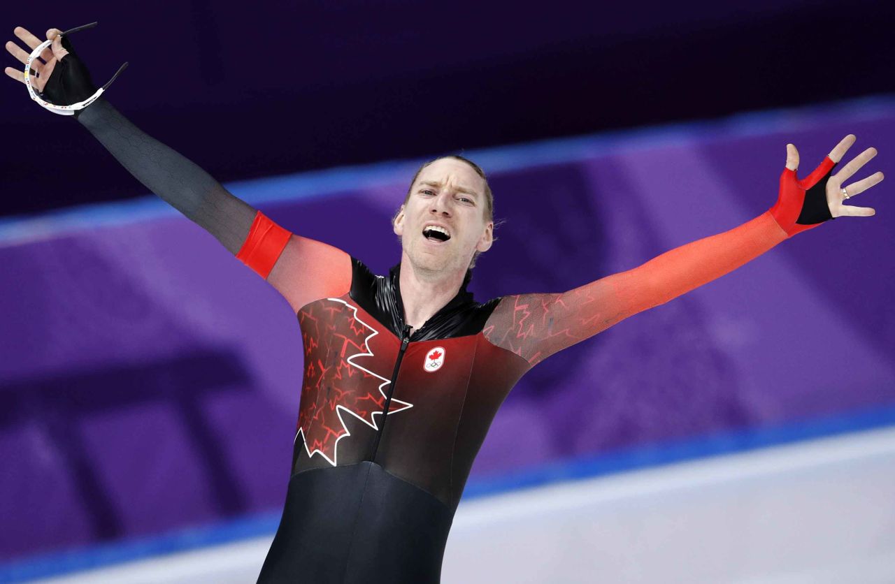 Canadian speedskater Ted-Jan Bloemen reacts after setting a new Olympic record in the 10,000 meters. He won the gold.
