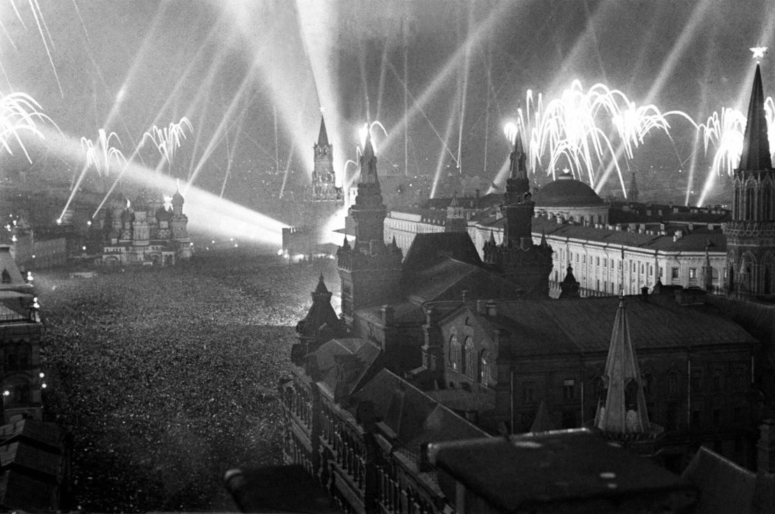 Victory fireworks over the Red Square in Moscow, 1945.