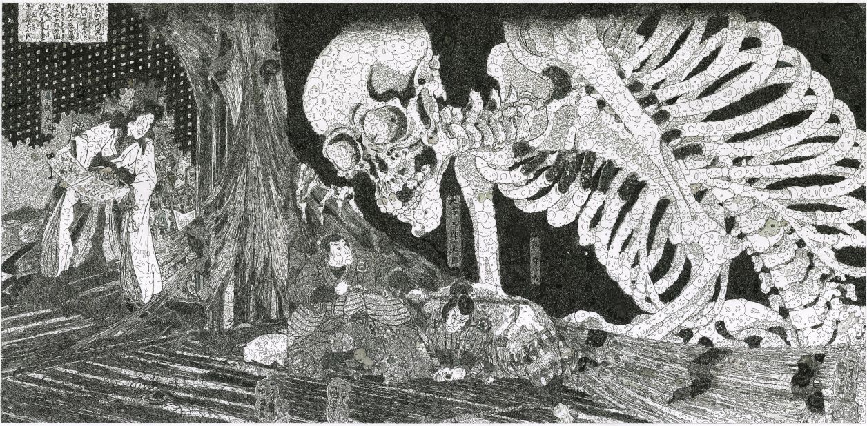 This work is based on the famous Japanese woodblock print "Takiyasha the Witch and the Skeleton Spectre" by Utagawa Kuniyoshi. 