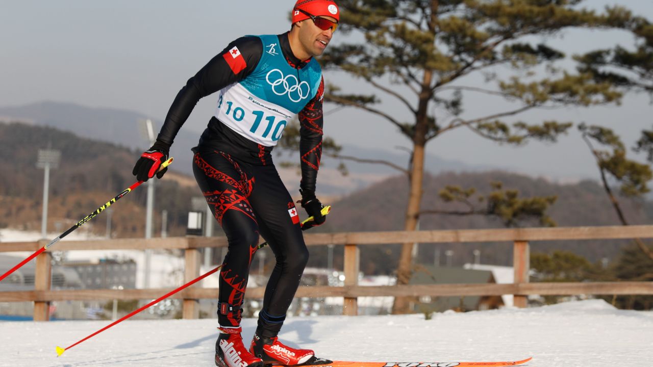 Tonga's Pita Taufatofua competes during the men's 15km cross country freestyle.