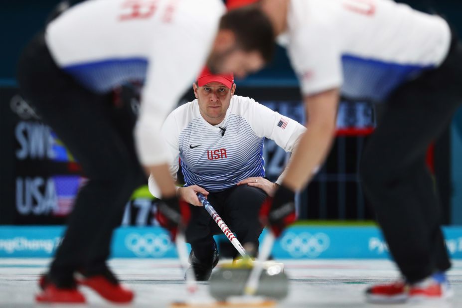 American John Shuster competes in curling.