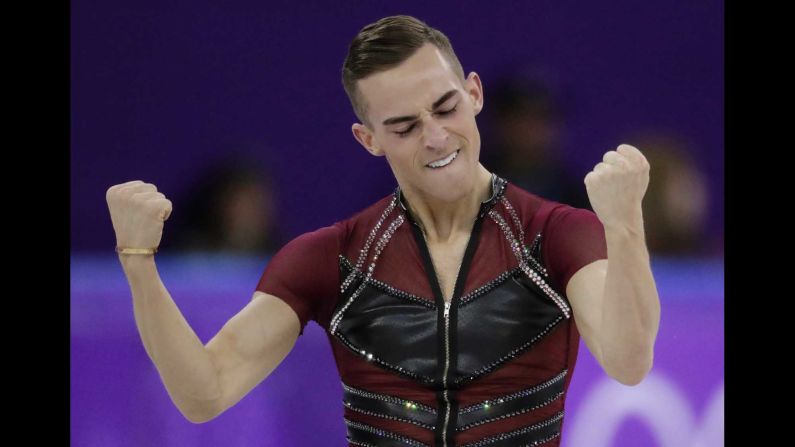 Adam Rippon reacts after performing his short program on the first day of men's figure skating. He was the highest-scoring American but still has a long way to go to be in medal contention.