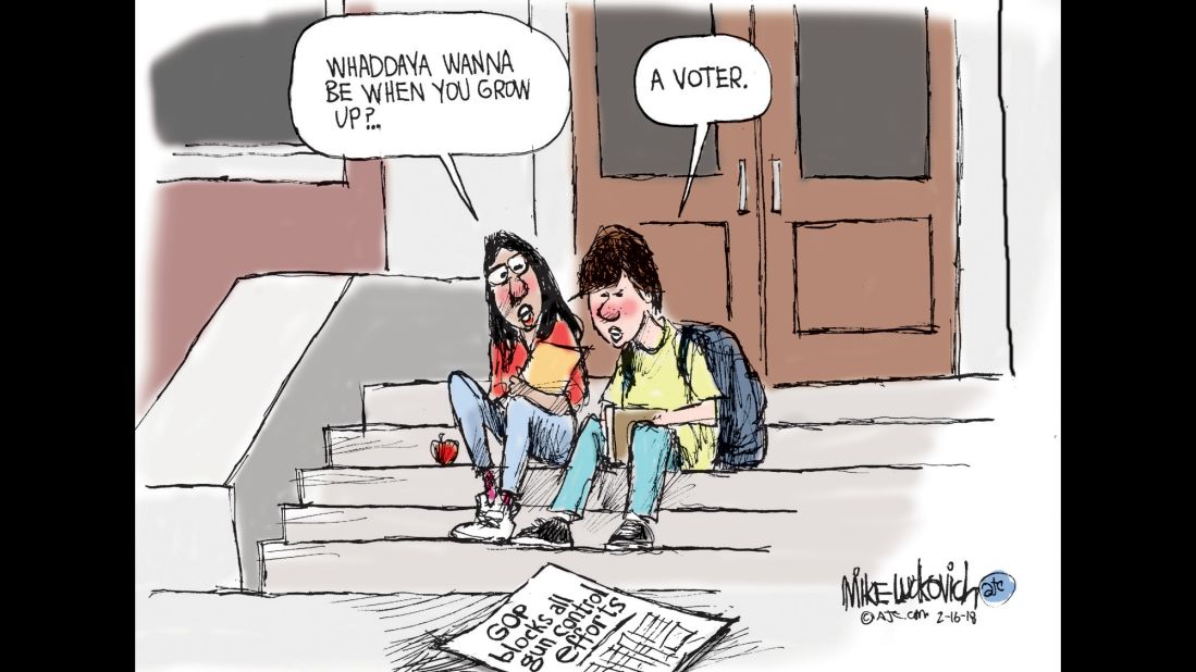 Students at Marjory Stoneman Douglas High School are demanding tougher gun laws after 17 people were killed at their school. "They're going to be voters soon," Luckovich said.