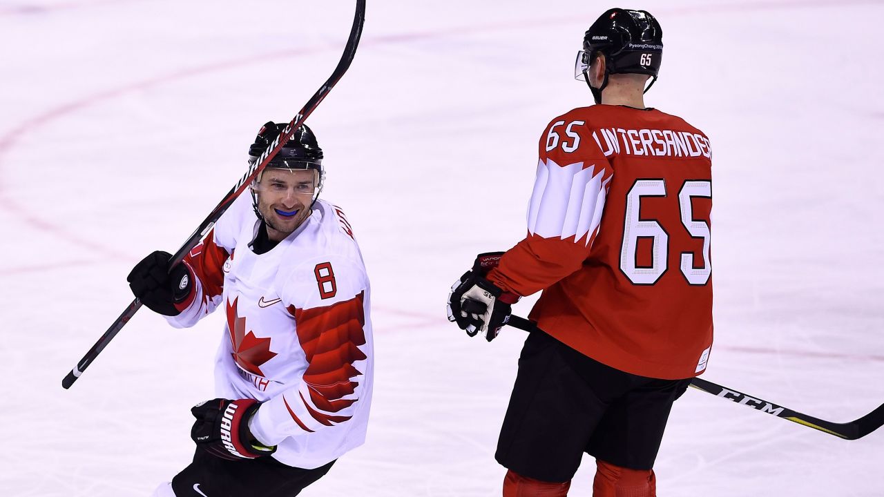 Wojtek Wolski celebrates scoring in Canada's first Olympic 2018 vs. Switzerland