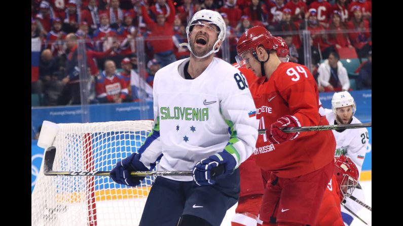 Slovenia's Sabahudin Kovacevic reacts during the game against the Olympic athletes from Russia. The Russians won 8-2.