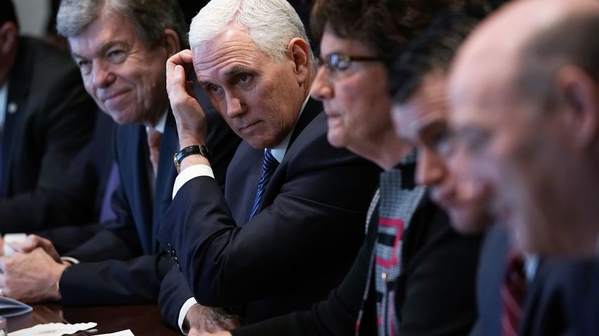 WASHINGTON, DC - FEBRUARY 13:  (L-R) U.S. Sen. Roy Blunt (R-MO), Vice President Mike Pence, Rep. Jackie Walorski (R-IN), Sen. Todd Young (R-IN), and Director of the National Economic Council Gary Cohn listen during a meeting between President Donald Trump and congressional members in the Cabinet Room of the White House February 13, 2018 in Washington, DC. President Trump held a meeting with congressional members to discuss trade.  (Photo by Alex Wong/Getty Images)