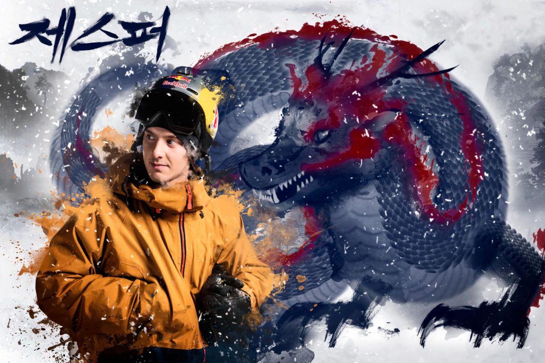 Swedish skiier Jesper Tjäder is depicted with a Korean dragon.