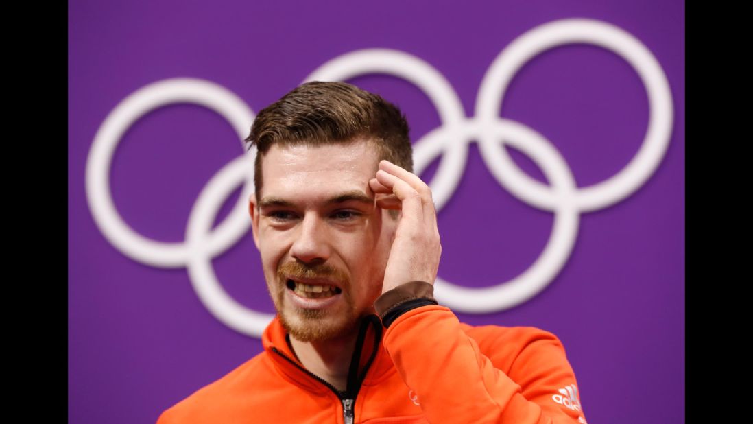 German figure skater Paul Fentz reacts to his free-skate score.