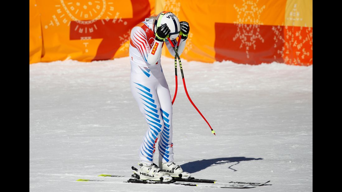 American skier Lindsey Vonn reacts after her super-G run. She finished tied for sixth after slipping near the end of her run.