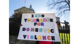Mandatory Credit: Photo by ERIK S. LESSER/EPA-EFE/REX/Shutterstock (9366139j)
A woman holds a protest sign 'Zero Tolerance for Domestic Violence' during an anti-domestic violence rally outside the Georgia State Capitol in Atlanta, Georgia, USA, 08 February 2018. National Taskforce Against Domestic Violence and other Equal Rights Amendment supporters hosted the Georgia ERA Capitol Day event.
Anti-domestic violence rally in Atlanta, USA - 08 Feb 2018